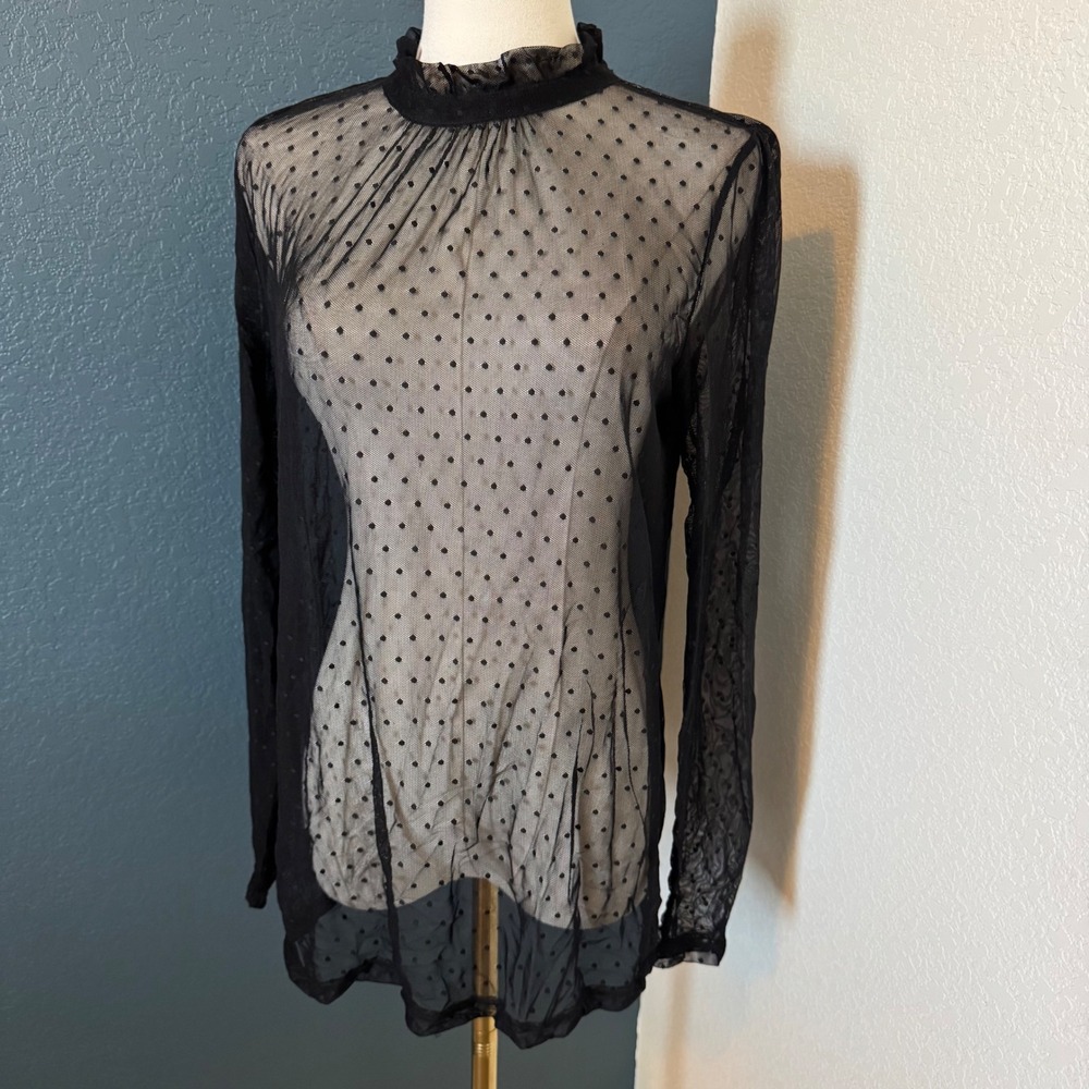 Sheer Mesh Polka Dot Mock Neck Halogen Blouse Medium Black